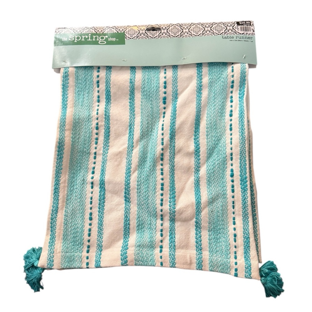Hobby Lobby The Spring Shop Turquoise Table Runner 72” Linen Poolside Tassels